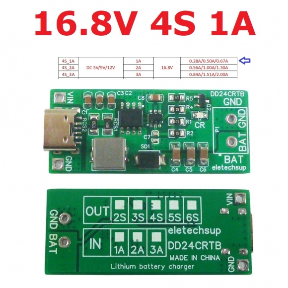 DD24CRTB 4S 1A Type-c Multi-cell 8.4V 12.6 16.8 21V 25.2V Step-up Boost Charger Module for 7.4V 11.1V 14.8V 18.5V 22.2V 18650 Battery Pack