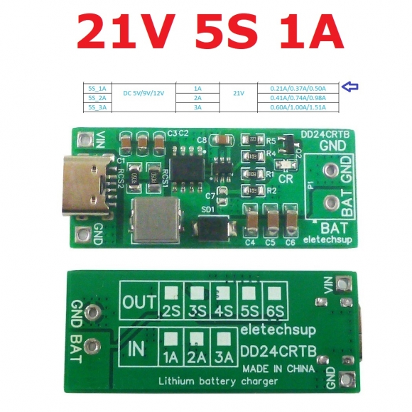 DD24CRTB 5S 1A Type-c Multi-cell 8.4V 12.6 16.8 21V 25.2V Step-up Boost Charger Module for 7.4V 11.1V 14.8V 18.5V 22.2V 18650 Battery Pack